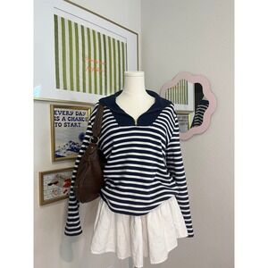 J Crew Navy White Striped Quarter Zip Fleece Pullover Sweatshirt Small